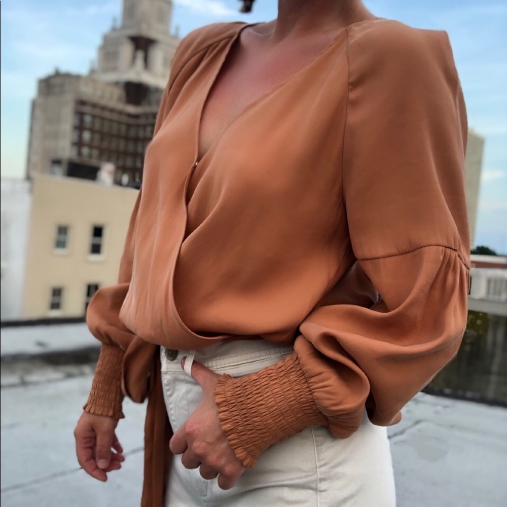 Anna Rust Puff Sleeve Wrap Top - Picture 2 of 8
